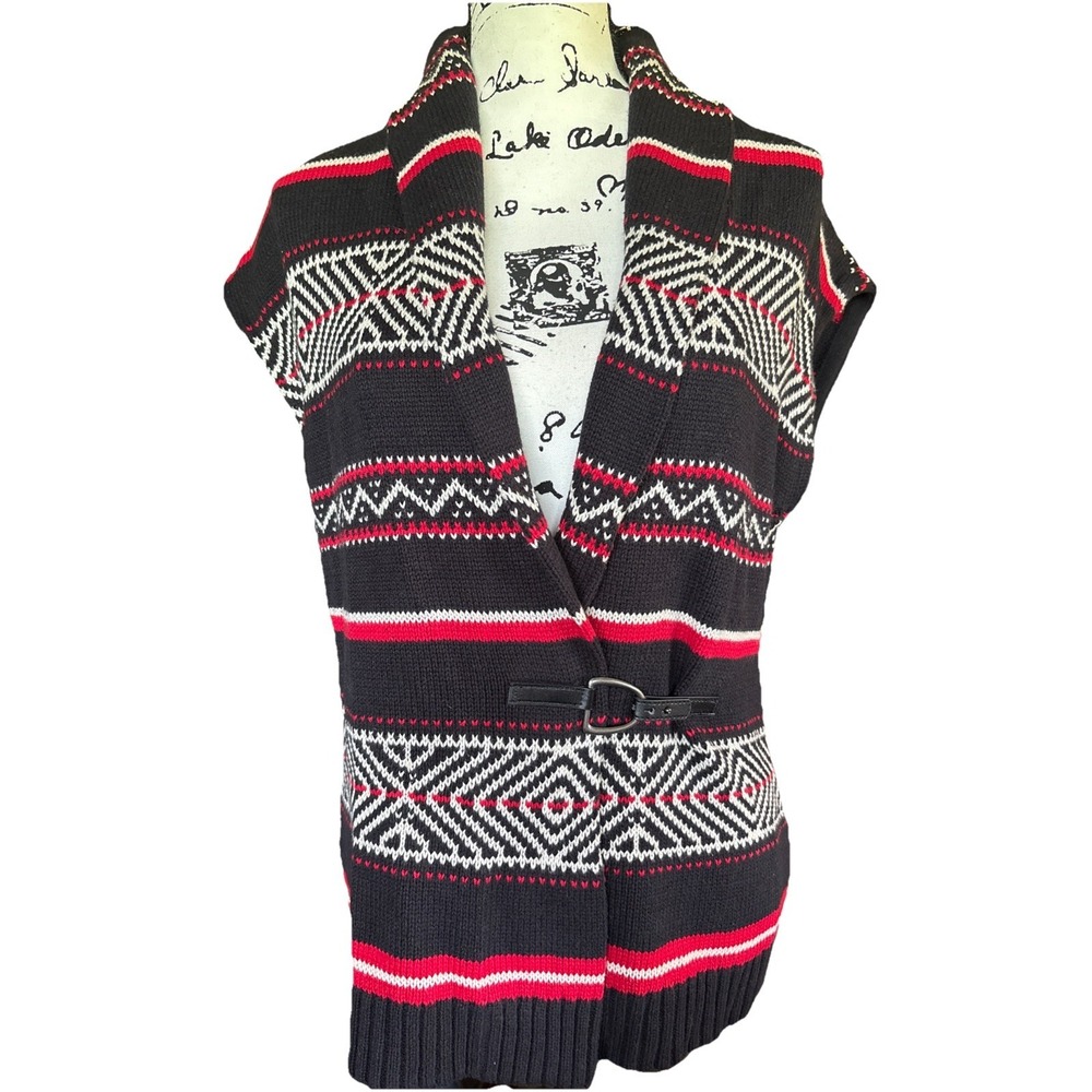 CHAPS Southwestern Shawl Collar Sweater Vest With Buckle XL Black Red
